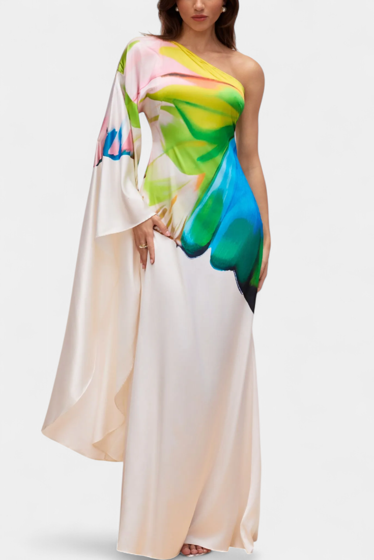 Beryl™ | Robe Longue Asymétrique à Une Épaule Imprimée