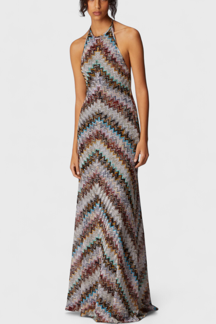 Melisa™ | Robe Longue Halter Zigzag Lamé