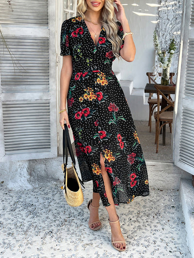 Cali™ | Robe Longue Fleurie à Pois Coupe Flatteuse