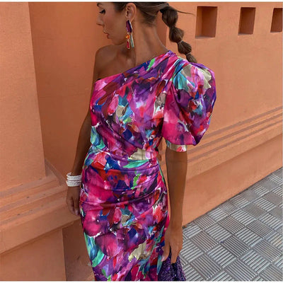 Yllana™ | Robe Midi Femme À Épaule Dénudée Violette
