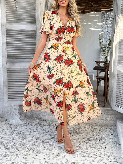 Cali™ | Robe Longue Fleurie à Pois Coupe Flatteuse