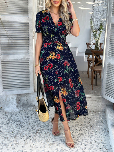 Cali™ | Robe Longue Fleurie à Pois Coupe Flatteuse