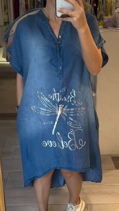 Delphina™ - Robe décontractée en jean avec col en V et boutons, idéale pour un style quotidien