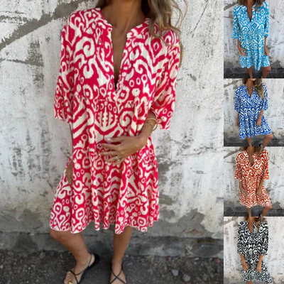 Astrid™ - Robe à Col V et Manches Trois-Quarts Imprimées