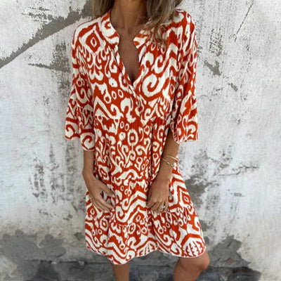 Astrid™ - Robe à Col V et Manches Trois-Quarts Imprimées