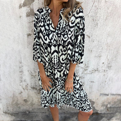 Astrid™ - Robe à Col V et Manches Trois-Quarts Imprimées